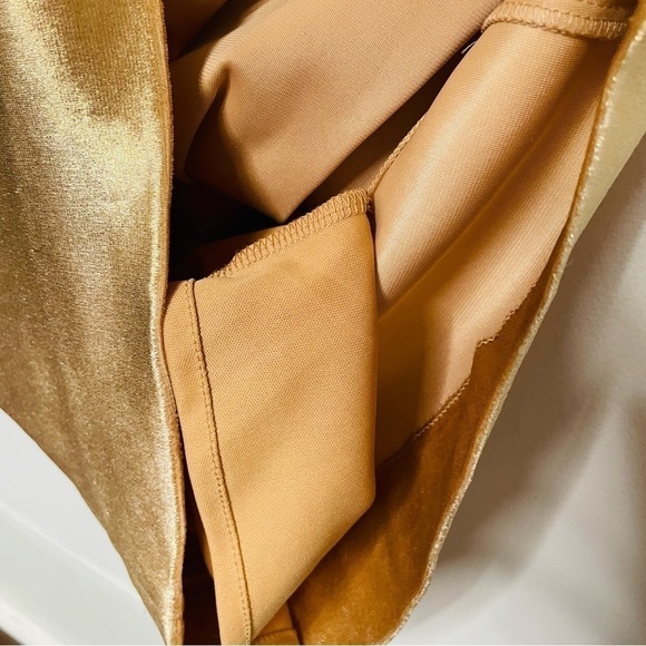 Metallic Gold Shimmer Holiday Draped Velour Ruched Fitted Asymmetrical Dress - Picture 9 of 12